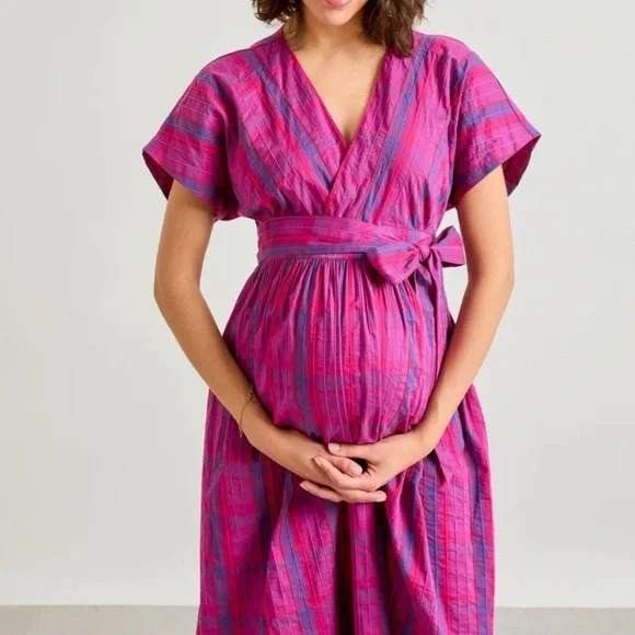 Hatch Purple Pink Plaid Maternity Dress Tie Waist Cotton Blend Size 1 - Picture 1 of 13
